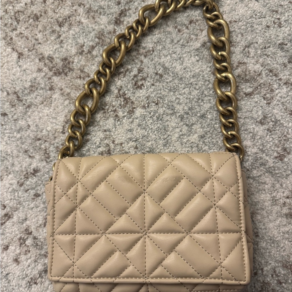 Zara Beige Quilted Shoulder Bag with Chain